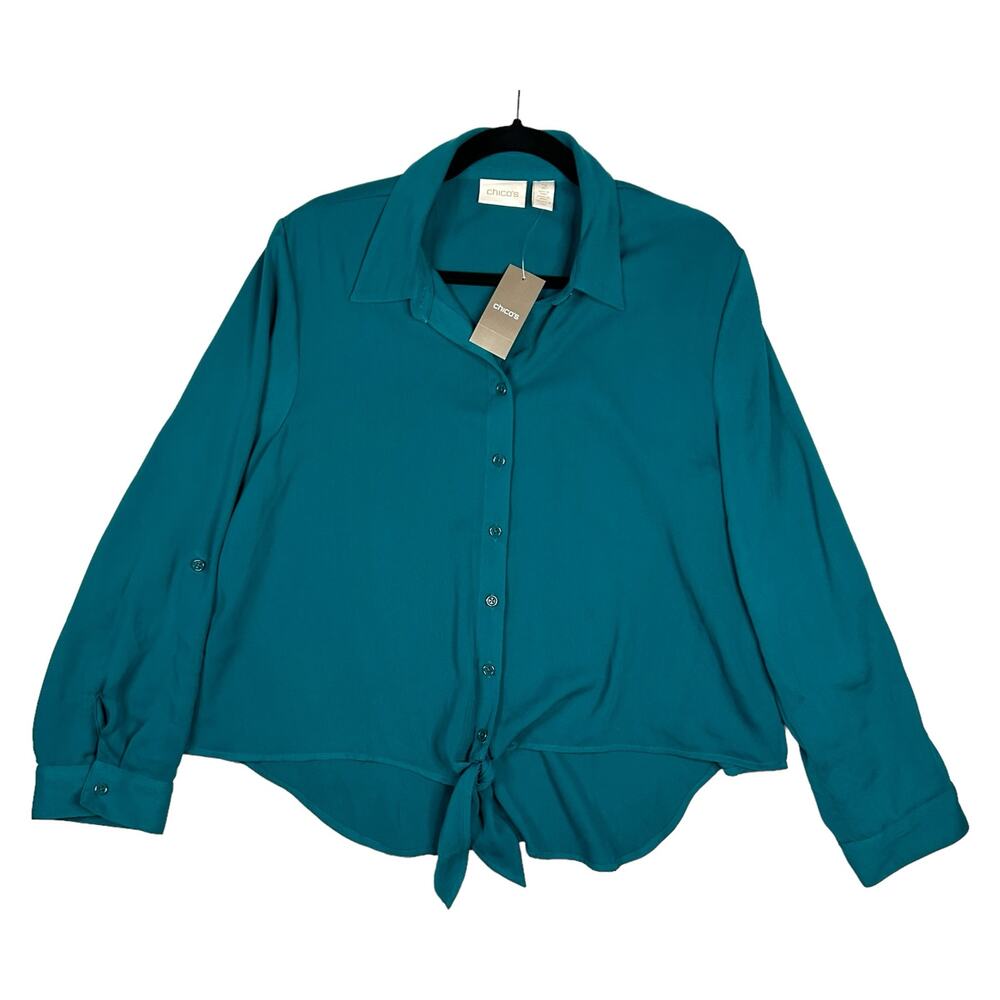 Chicos Size 2 US L 12 Fun Tie Dallas Top Blouse Rolled Sleeves Teal NEW *DEFECT